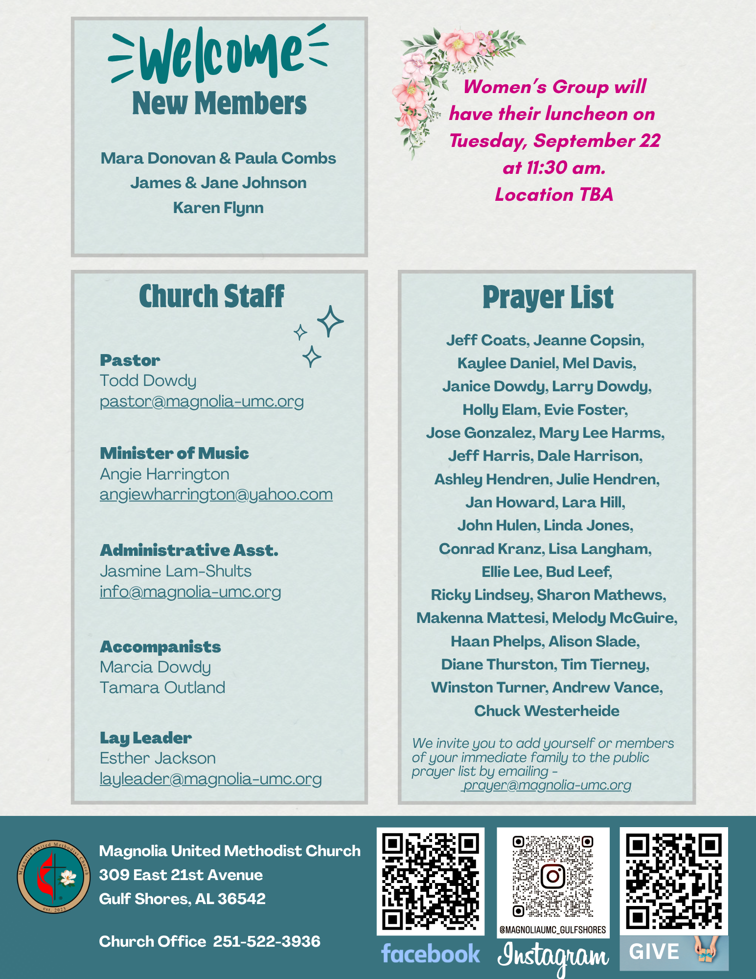 Church newsletter: Magnolia UMC, August 20, 2023; upcoming events and service details.