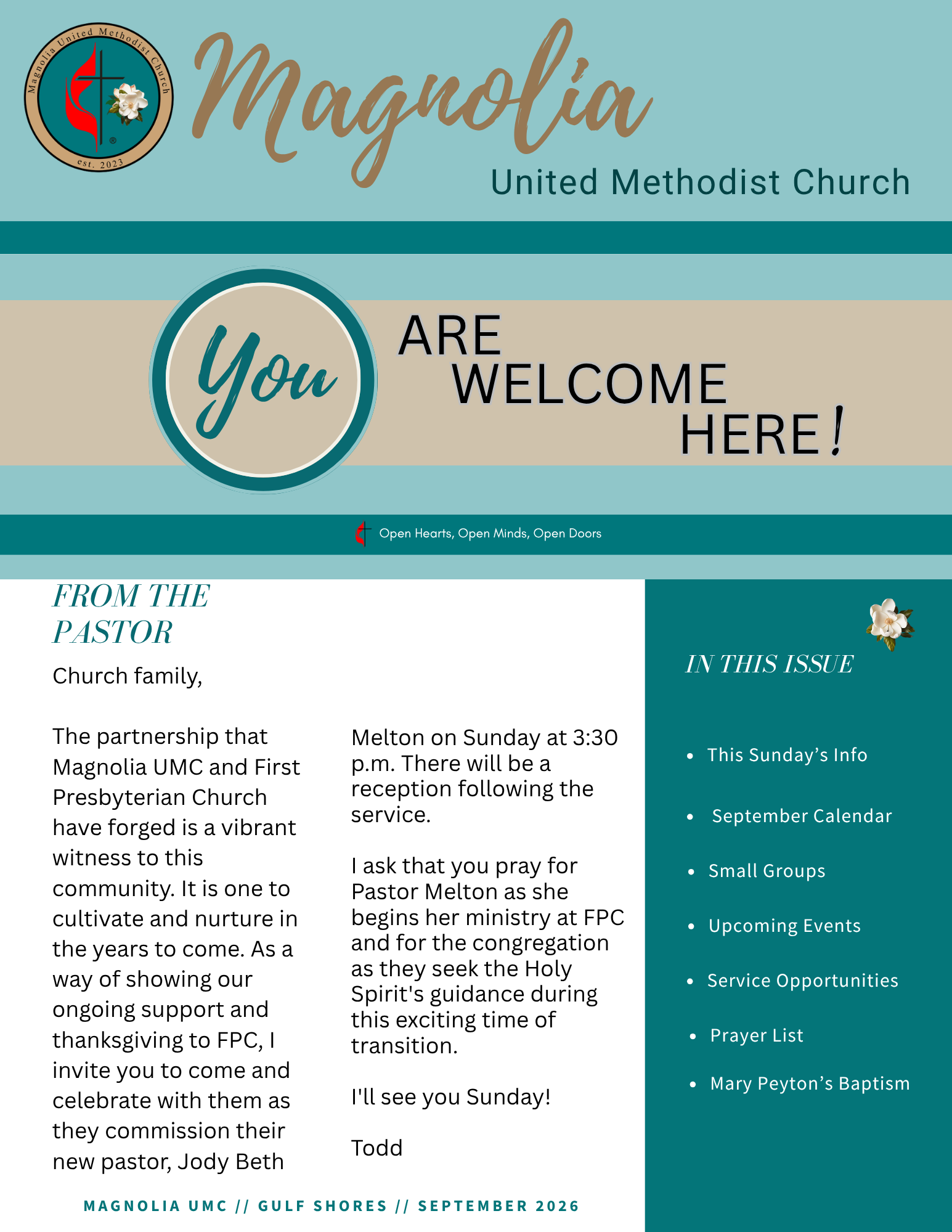 Church newsletter: Magnolia UMC, September 2025; upcoming events and service details.