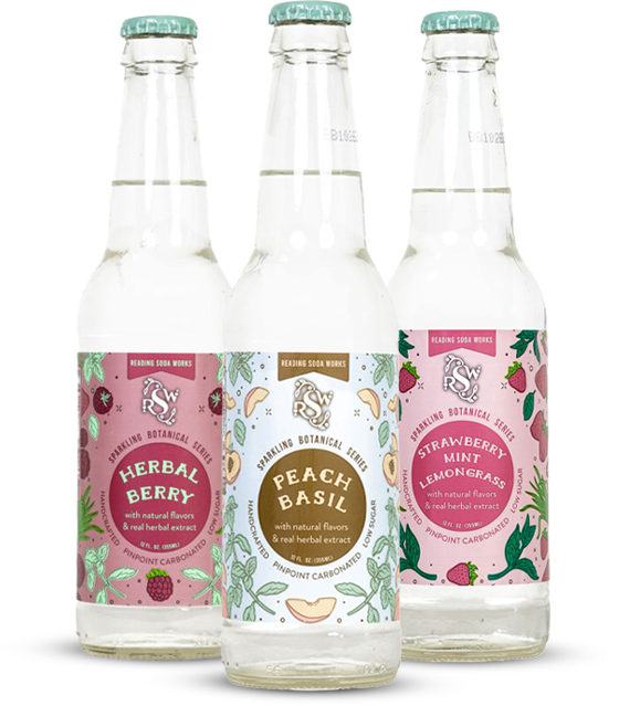Three sparkling beverage bottles with floral labels: Herbal Berry, Peach Basil, and Raspberry Lemonade.