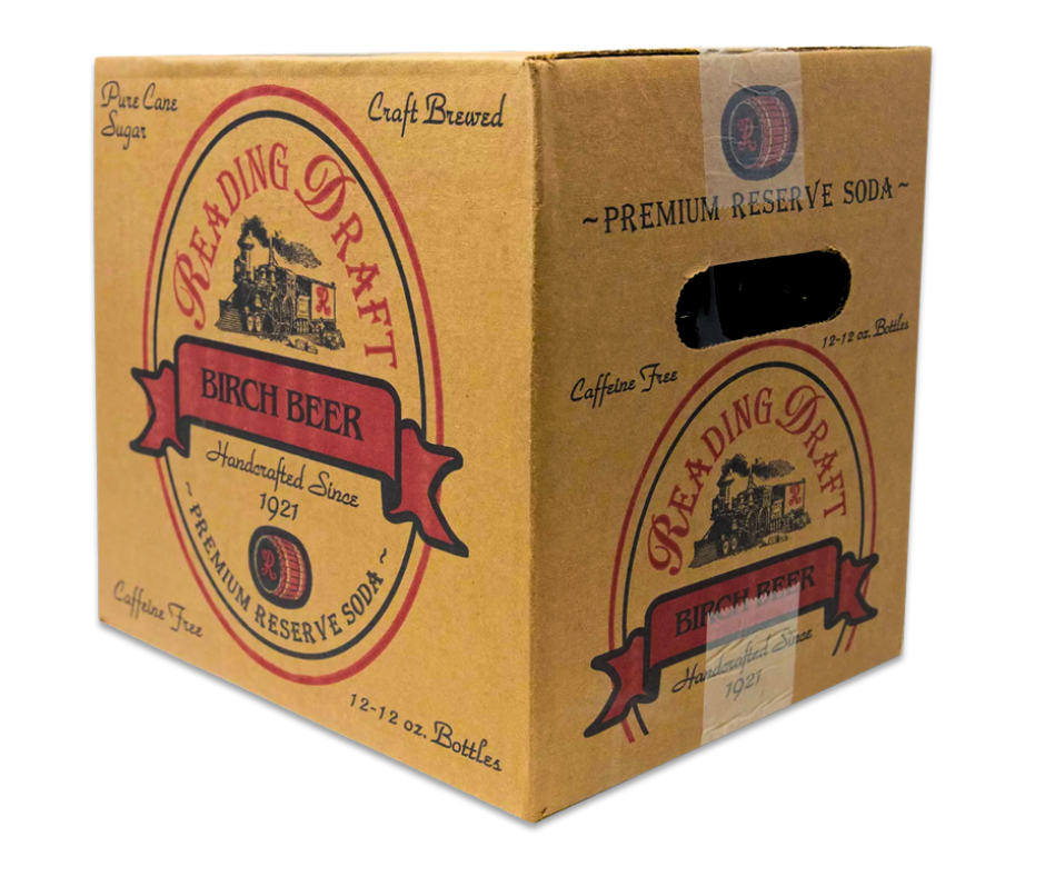 Case of red ale beer in a tan cardboard six-pack with red vintage-style branding