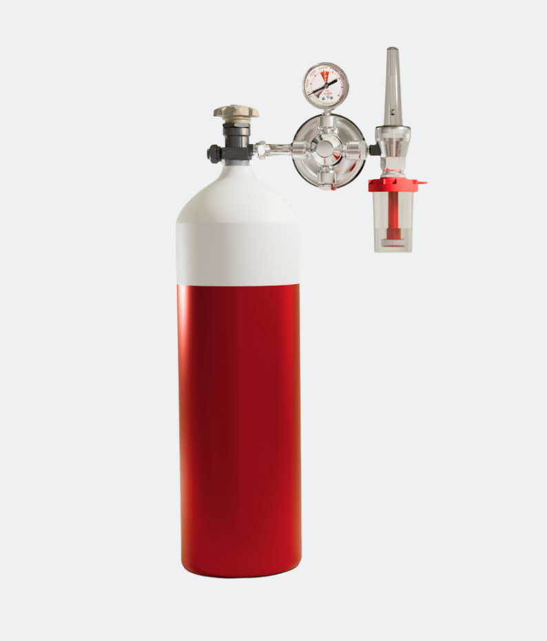 Fire extinguisher with red body, pressure gauge, and hose nozzle on a white background
