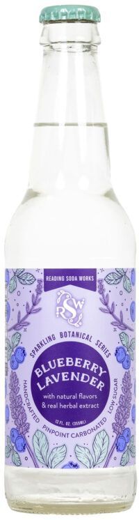 Blueberry lavender sparkling water bottle with purple floral label and green cap