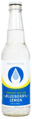 Glass bottle of Bubly sparkling water, blueberry lemon flavor, with blue and yellow label