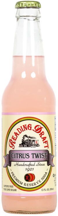 Pink citrus-flavored soda bottle with label reading “Rading G. Citrus Twist”