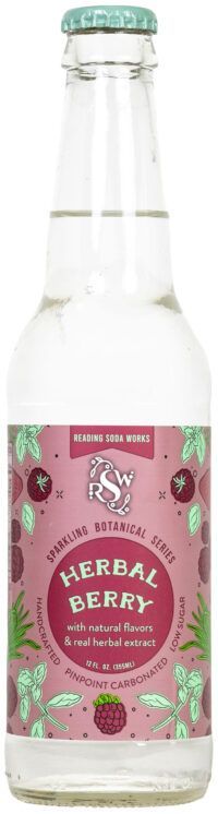 Glass bottle with a pink herbal berry drink label and mint-green cap.