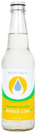 Glass bottle of clear sparkling water with yellow and green label reading “Mango Lime”