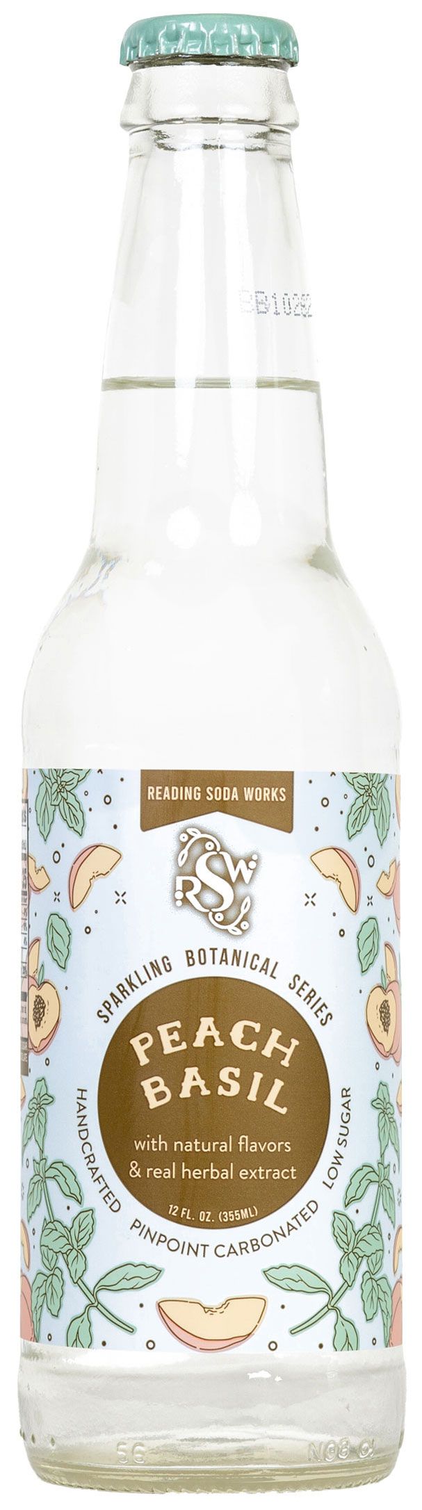 Clear bottle labeled “Peach Basil” with a green cap and white floral label on a white background