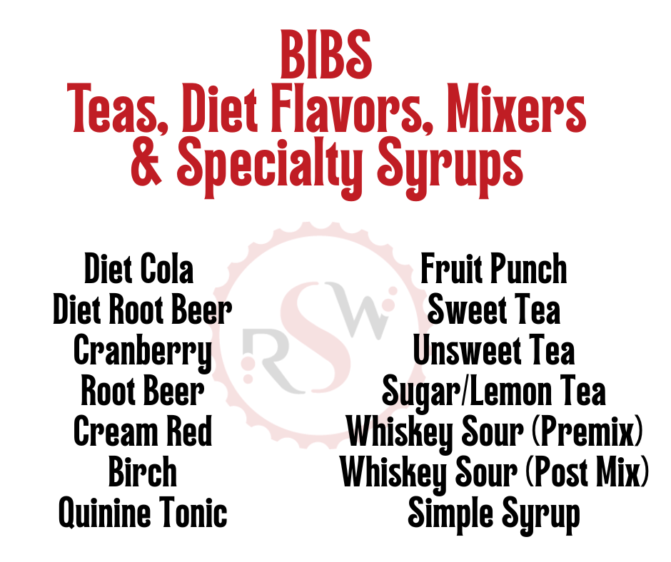 BIBS menu listing tea, diet flavors, mixers, and specialty syrups in red and black text