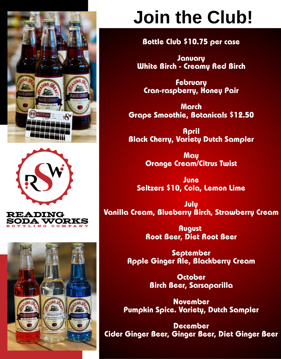 Bread & Wine Co. “Join the Club!” poster with beer bottle images and a monthly beer club list.