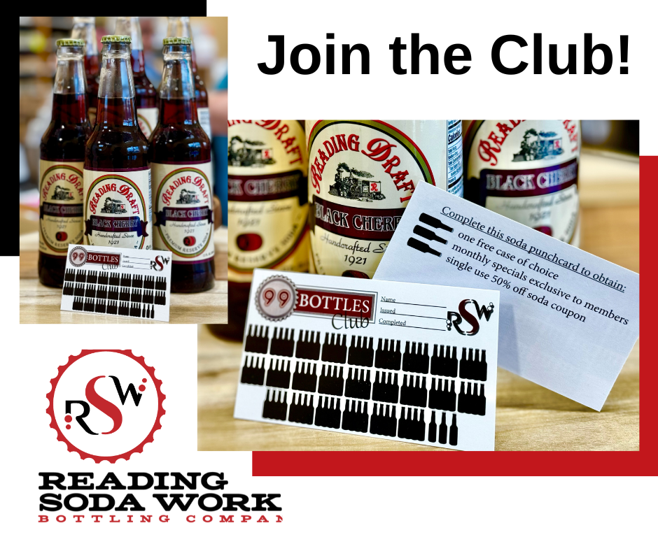 Reading Soda Work club promo with bottles, membership cards, and “Join the Club!” text