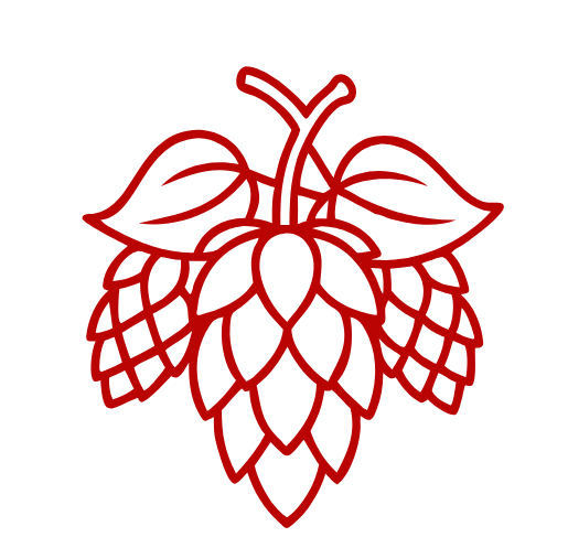 Red line-art hop cone with leaves and stems, a simple botanical logo.