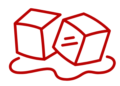 Two red outlined cubes, one with an equals sign, on a wavy red line
