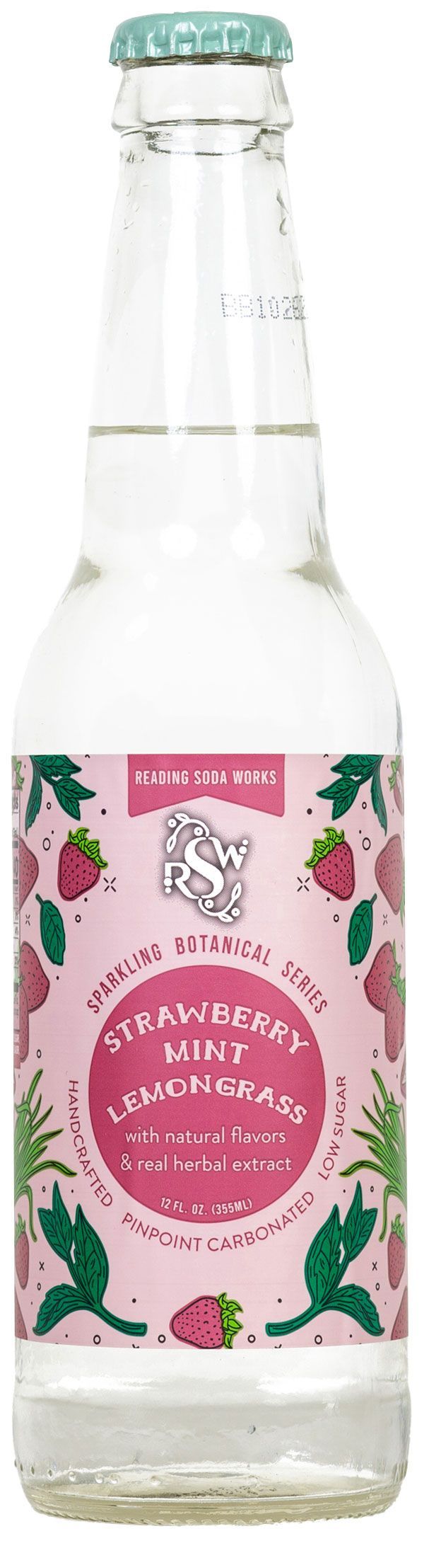 Clear glass bottle with a pink floral label and green cap against a white background