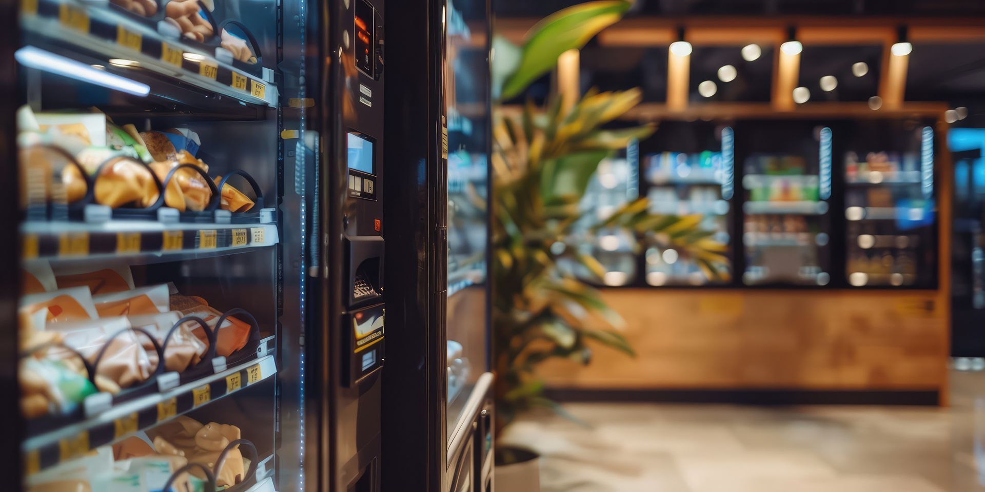 Snack vending machine in a modern store with refrigerated displays in background. Snack vending machine in a modern store with refrigerated displays in background.