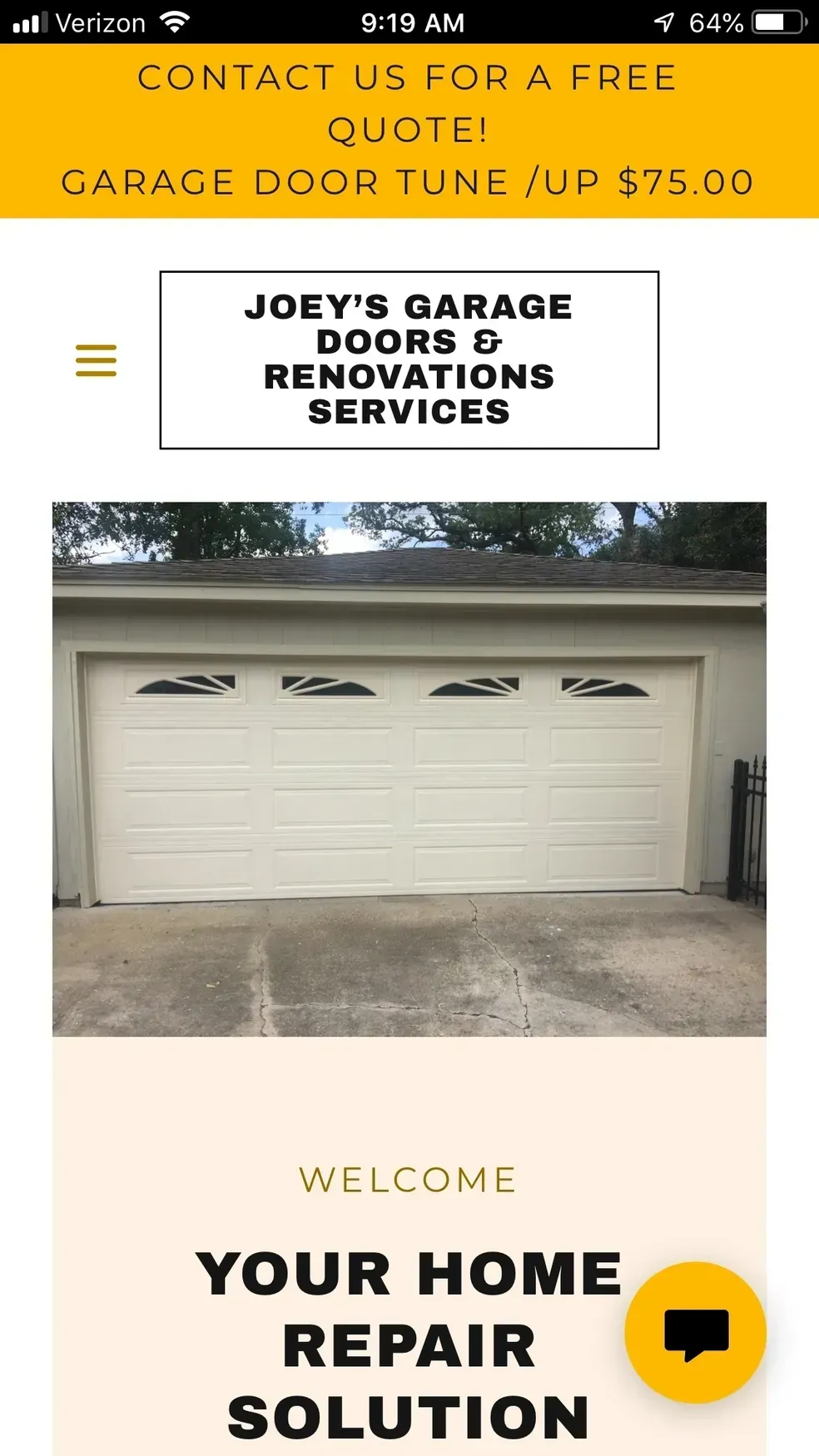Garage door company website with a garage door photo, and services offered.