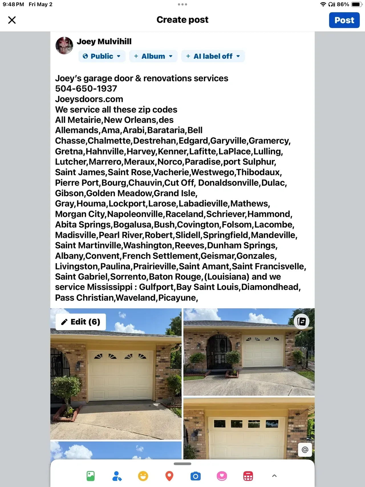 Facebook post: Joey's garage door service ad with address, list of services, and garage door photos.