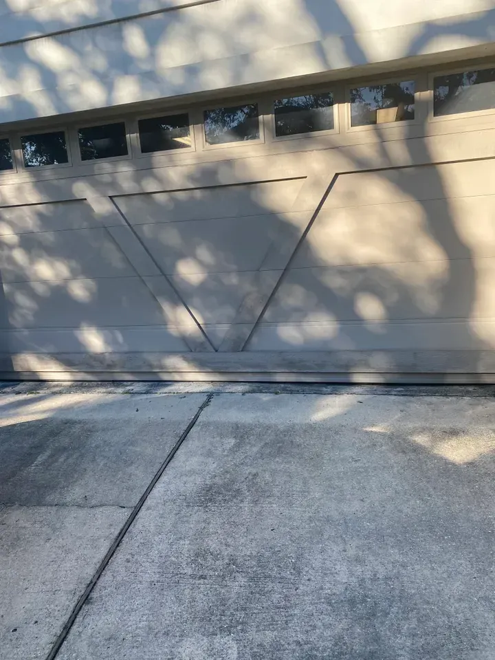 Tan garage door with shadow of a tree on a concrete driveway.