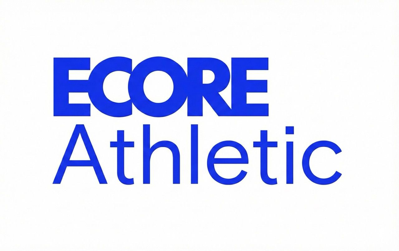 The blue logo for ECORE Athletic, featuring the word