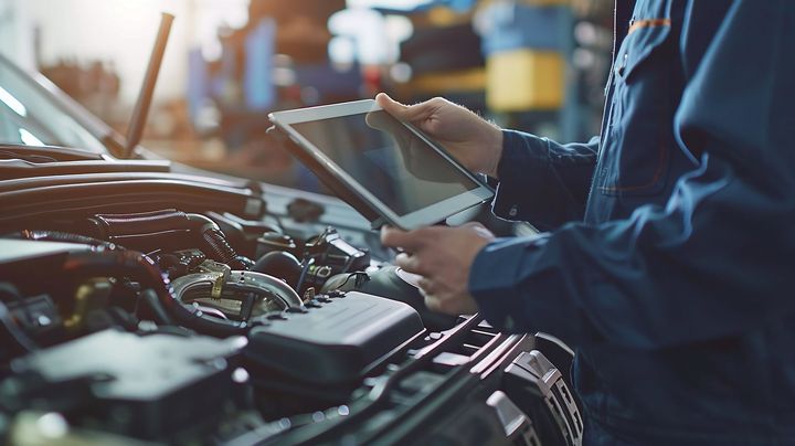 A mechanic is looking at a tablet while working on a car.
