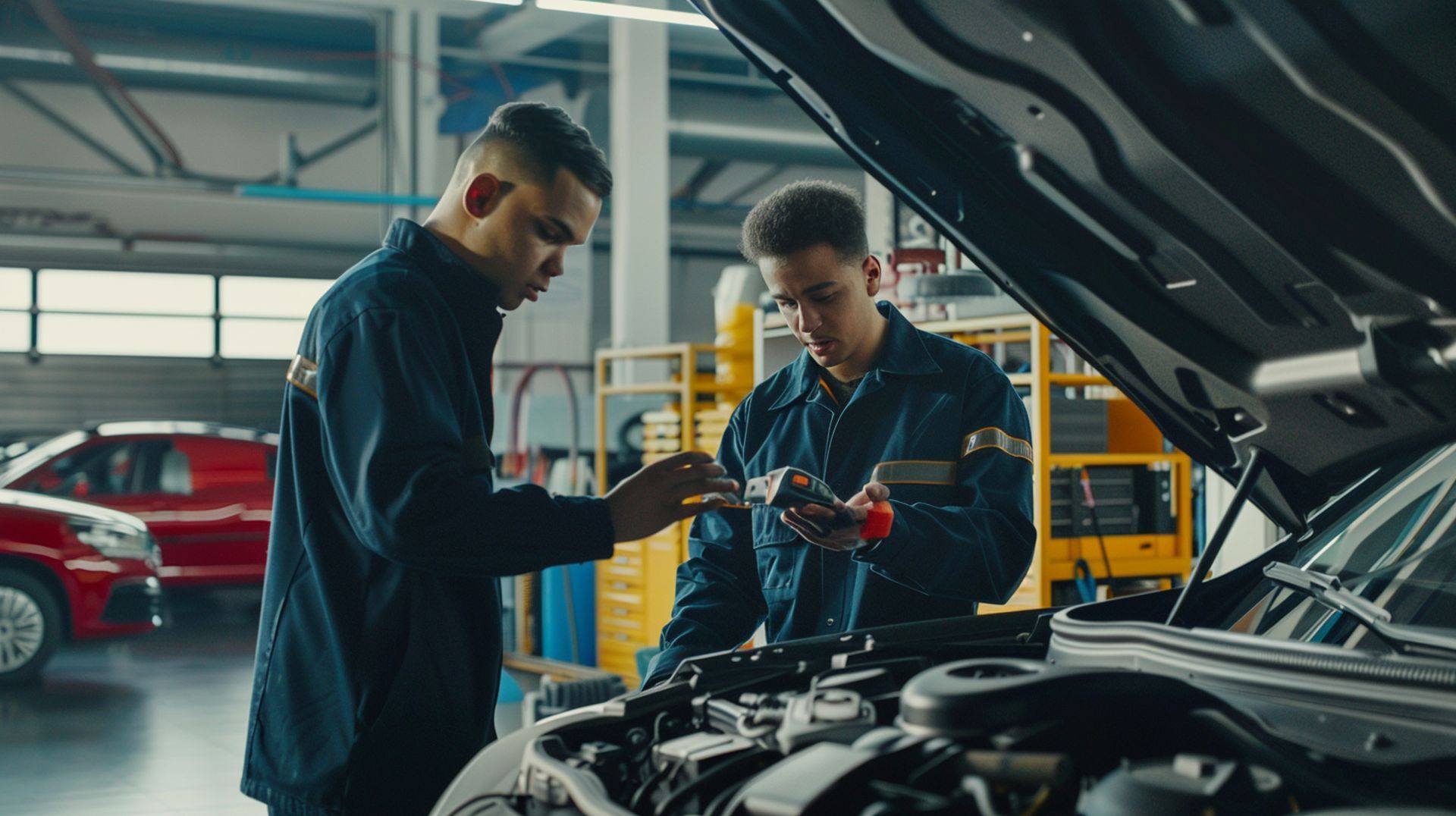 Two mechanics are working on a car in a garage.