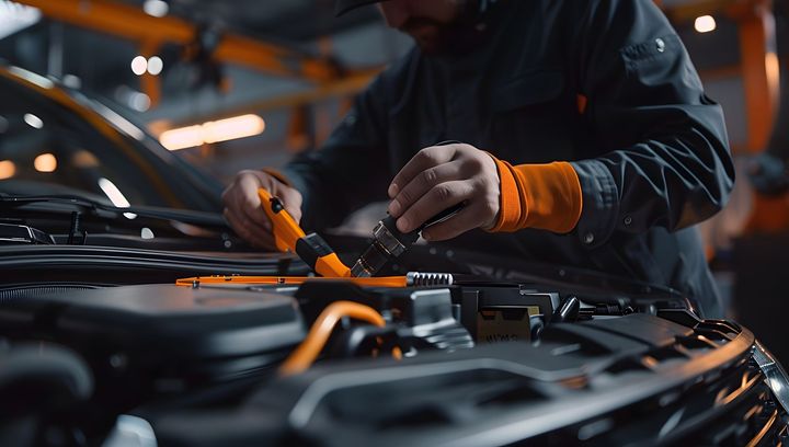 A man is working on the engine of a car in a garage.