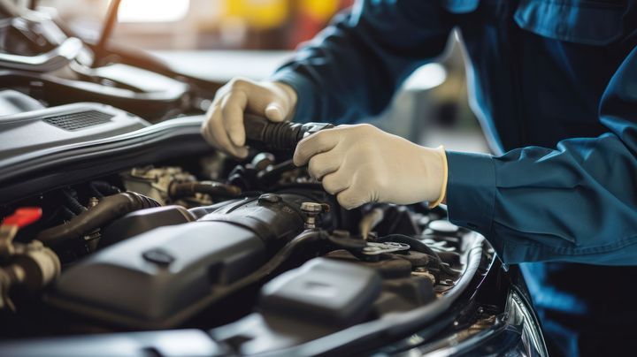 A mechanic is working on the engine of a car in a garage.