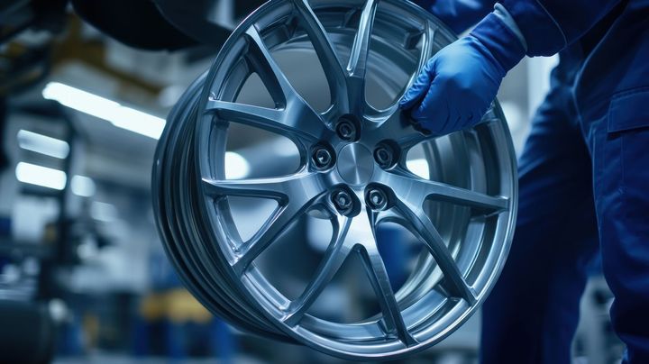 A close up of a person holding a car wheel in a garage.