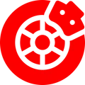 A red circle with a white icon of a wheel in it.