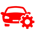 A red car with a gear attached to it.
