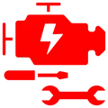 A red icon of a engine with a lightning bolt and tools.