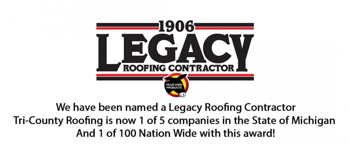 Legacy Roofing Contractors logo with award announcement text on white background