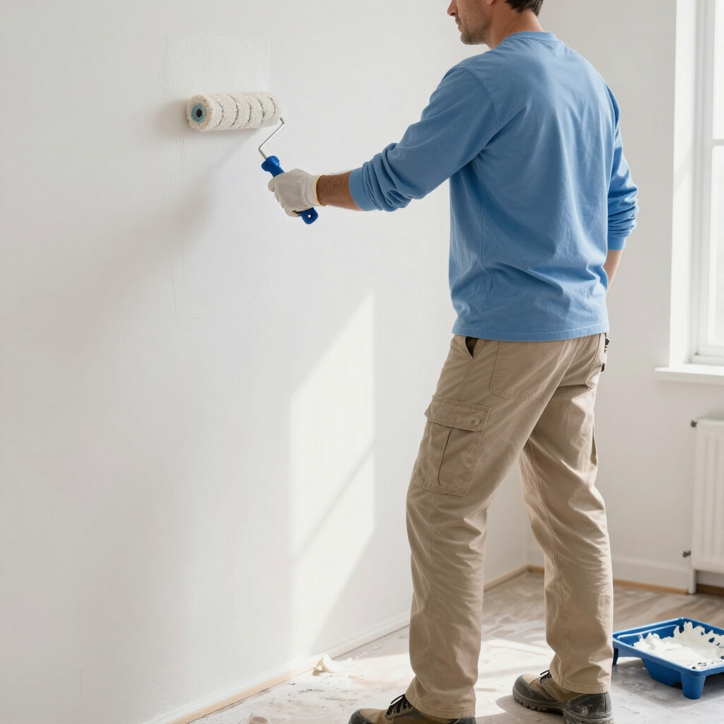 Person painting a white wall with a paint roller in a bright room, paint tray on the floor.