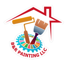 Logo for B&R Painting LLC: house outline, paint roller and brush over colorful gear, with company name.