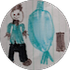 A child 's drawing of a man standing next to a blue balloon.