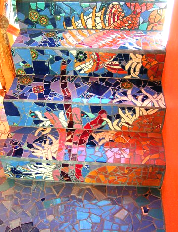 Mosaic tiled artwork on stairway