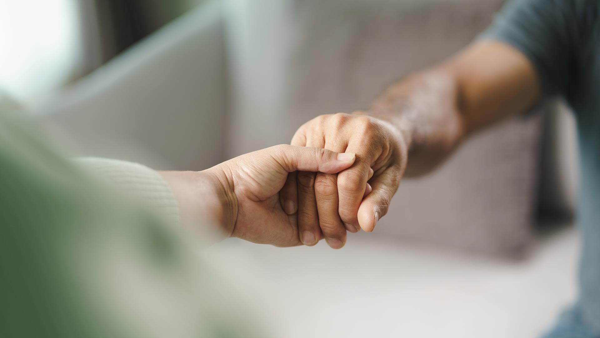 Two hands gently holding in a soft, blurred indoor setting