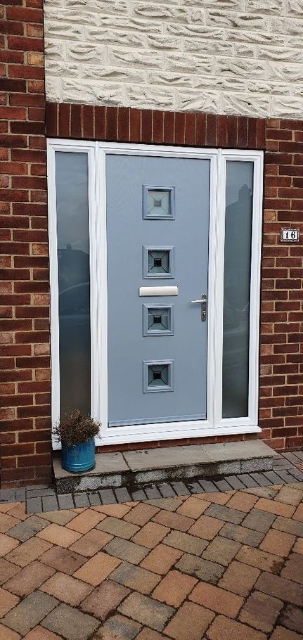 light grey door with side windows