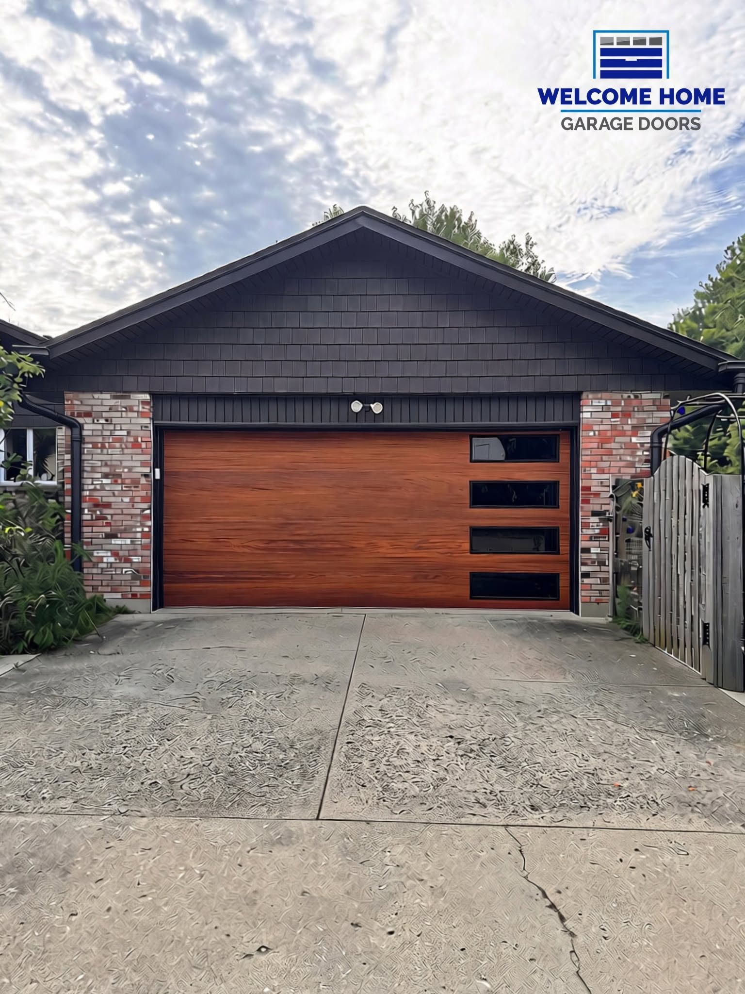 Single-story house with a wood garage door, brick trim, and concrete driveway under a cloudy sky