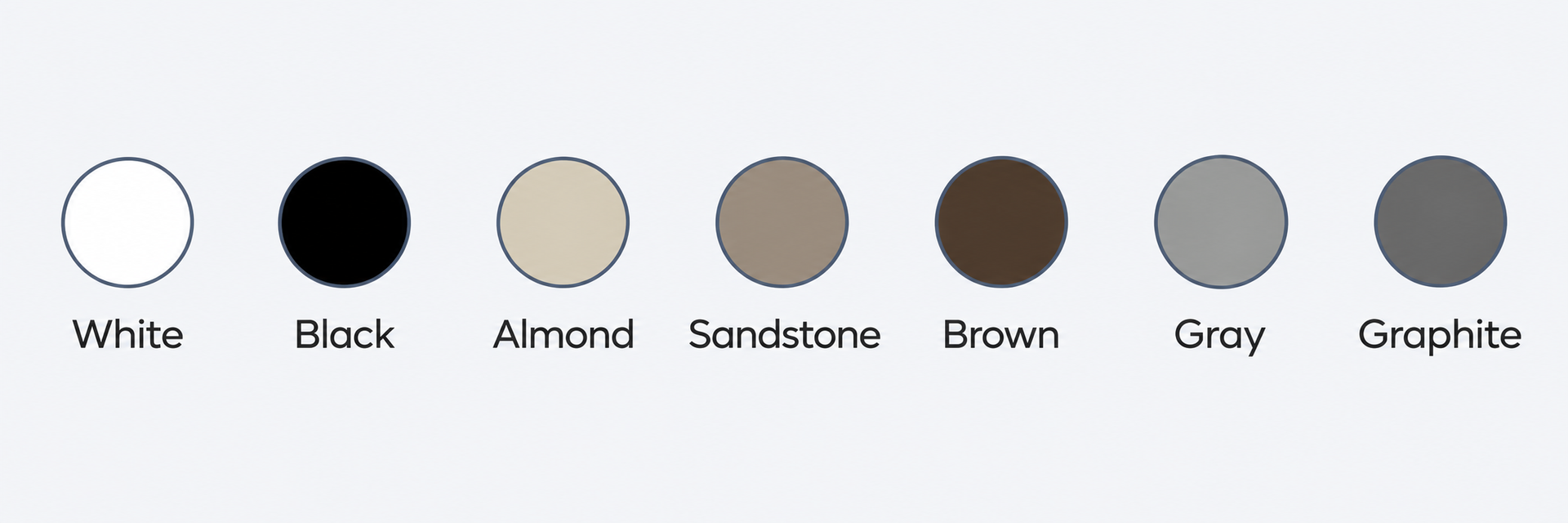 Color swatches labeled White, Black, Almond, Sandstone, Brown, Gray, and Graphite in a row