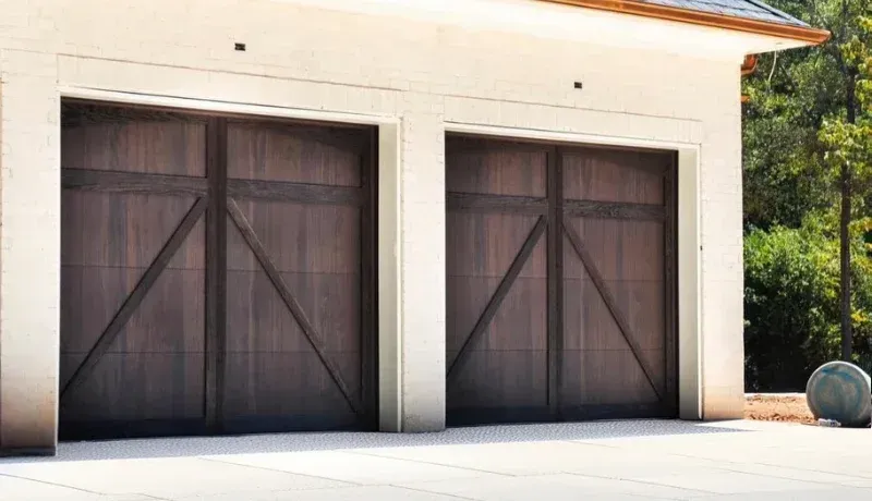 Two dark wooden garage doors on a white building beside a sunny driveway