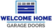 Blue garage door logo with &ldquo;WELCOME HOME&rdquo; and &ldquo;GARAGE DOORS&rdquo; text