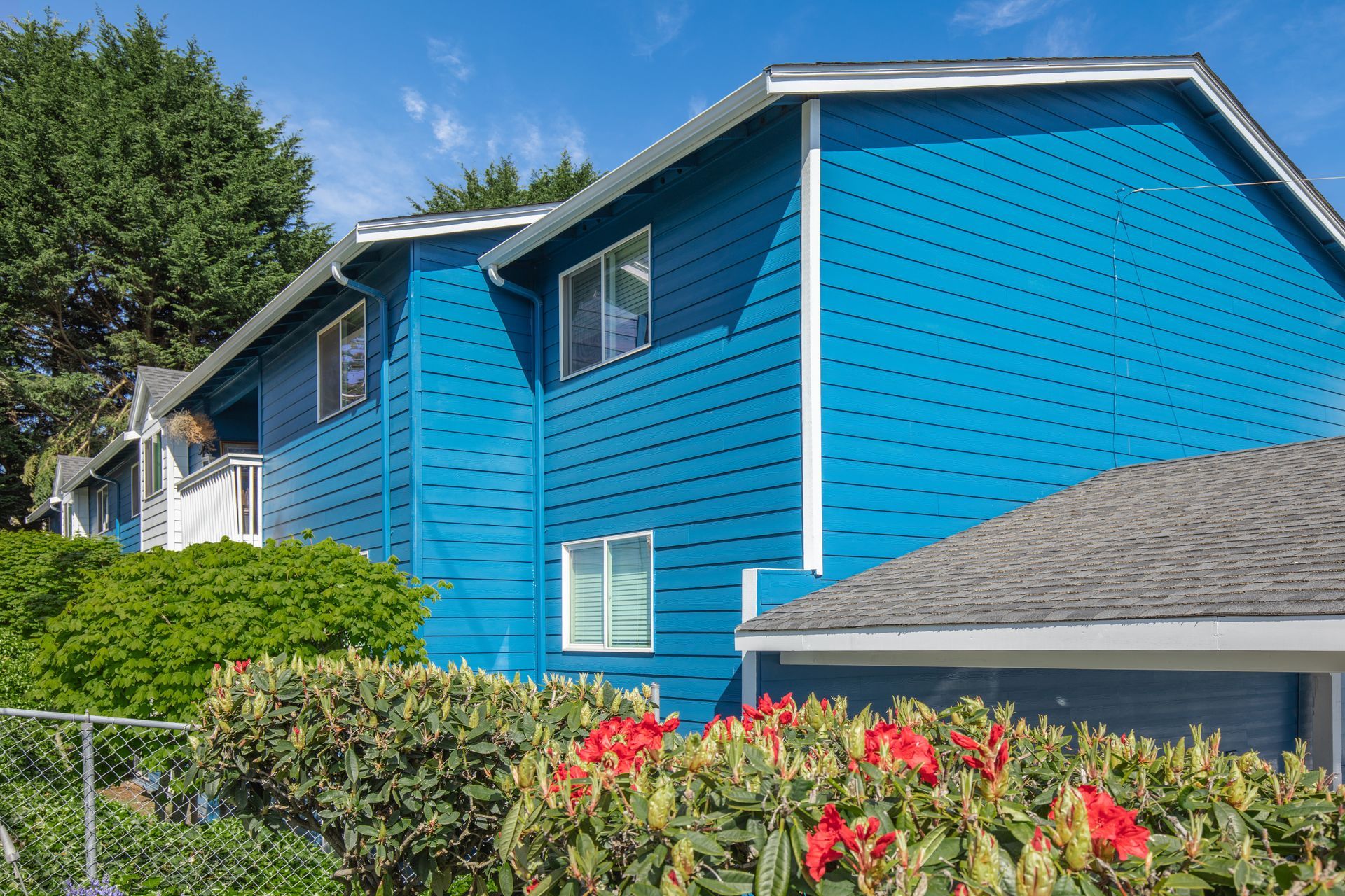 A blue house with red flowers in front of it