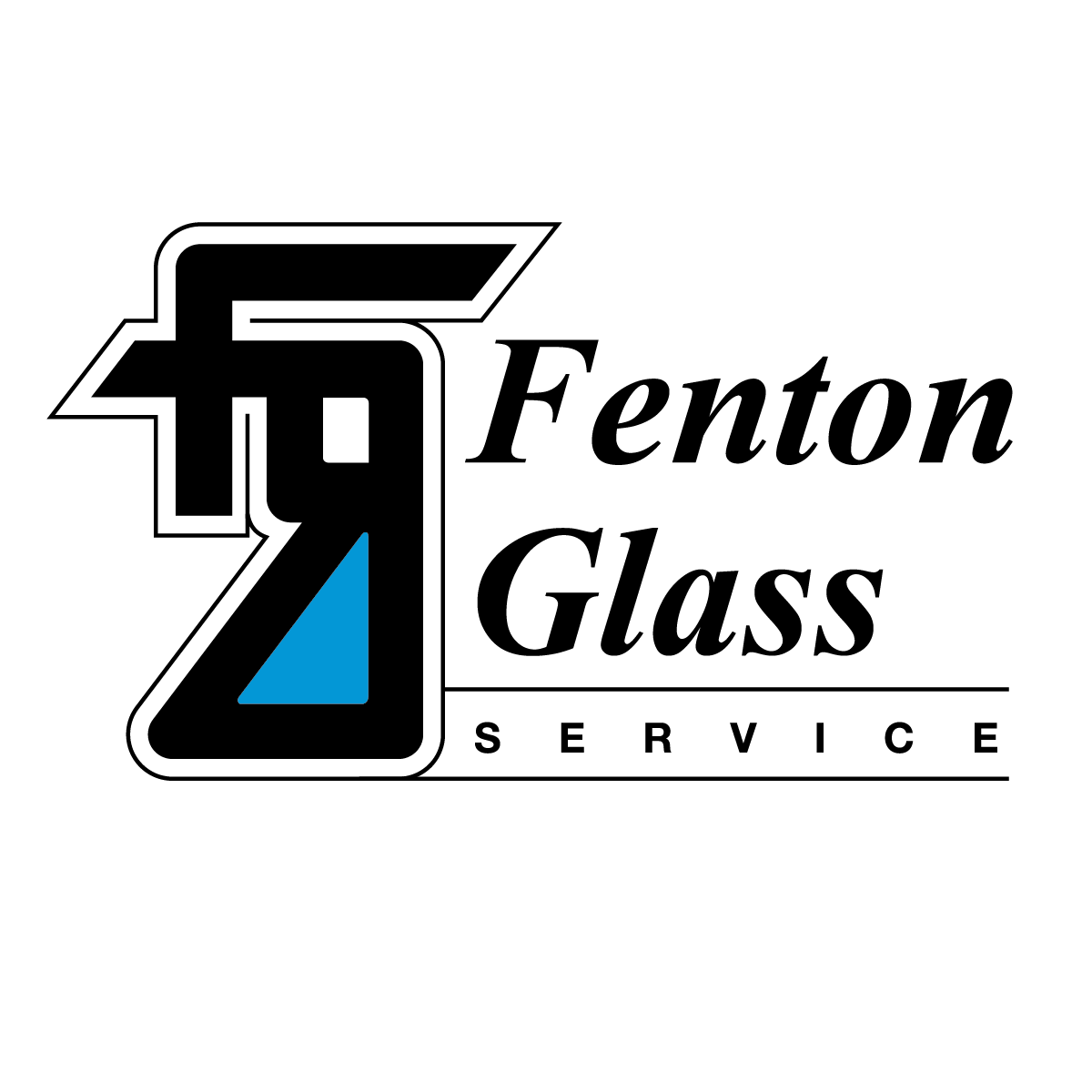 Logo for Fenton Glass Service: Black and blue initials "FG" with company name.