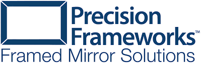 The logo for precision frameworks framed mirror solutions