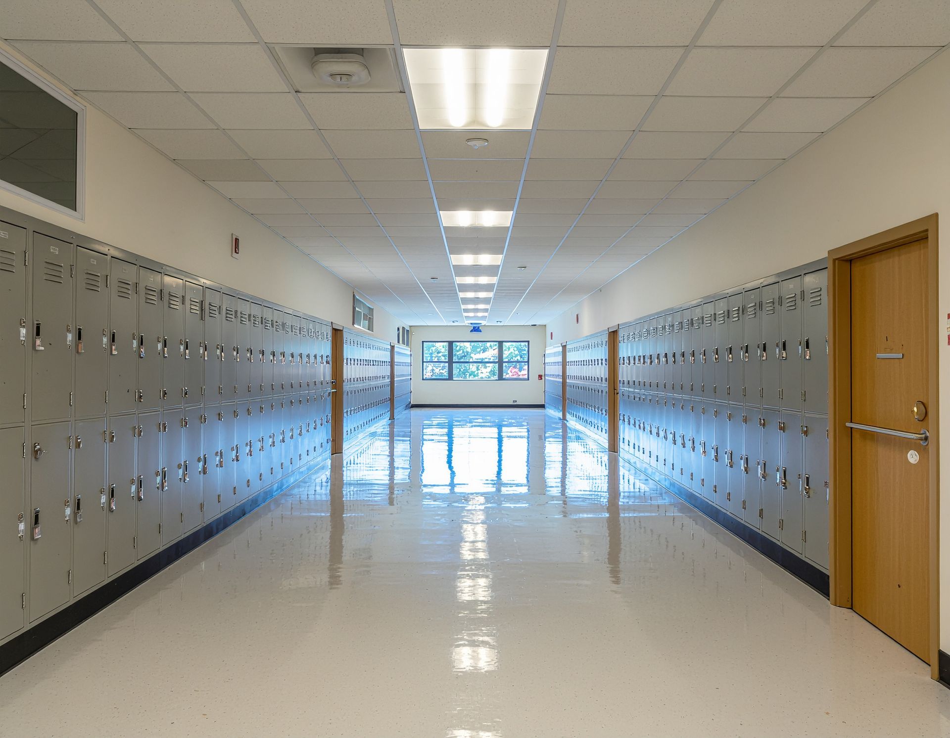 School hallway with gray lockers, bright overhead lights, and a window at the end.