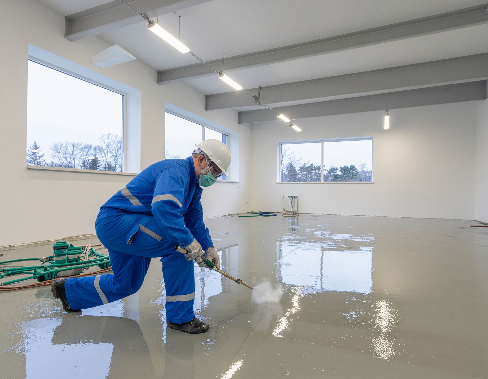 Person in blue coveralls pressure washing a wet, gray industrial floor.