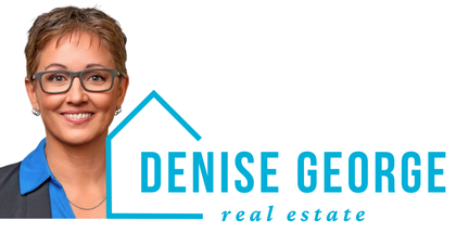 Denise George, real estate agent, smiling in front of a turquoise house outline logo and her name.