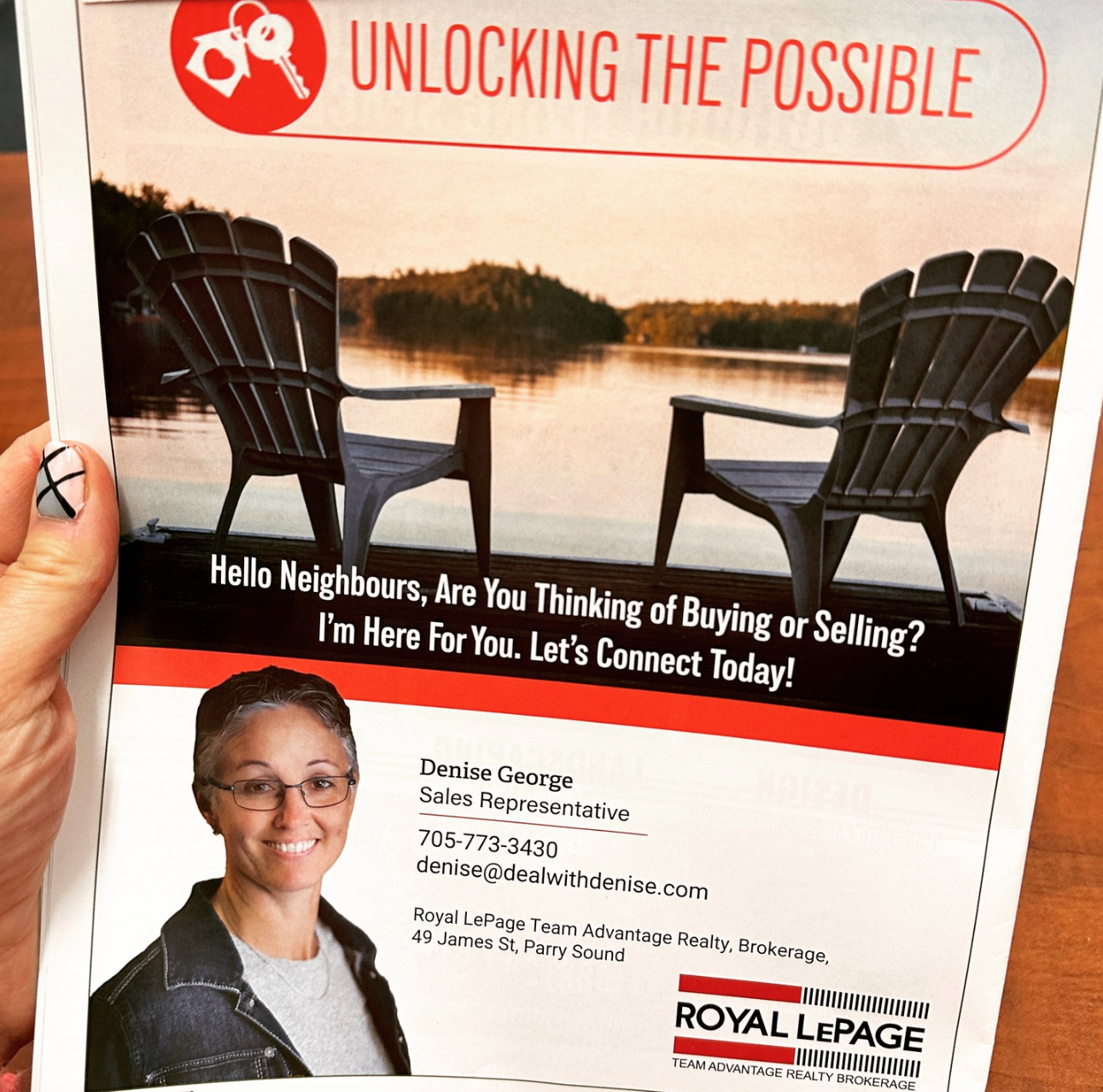 Real estate ad: Chairs overlooking lake, agent's photo and contact info with Royal LePage logo.