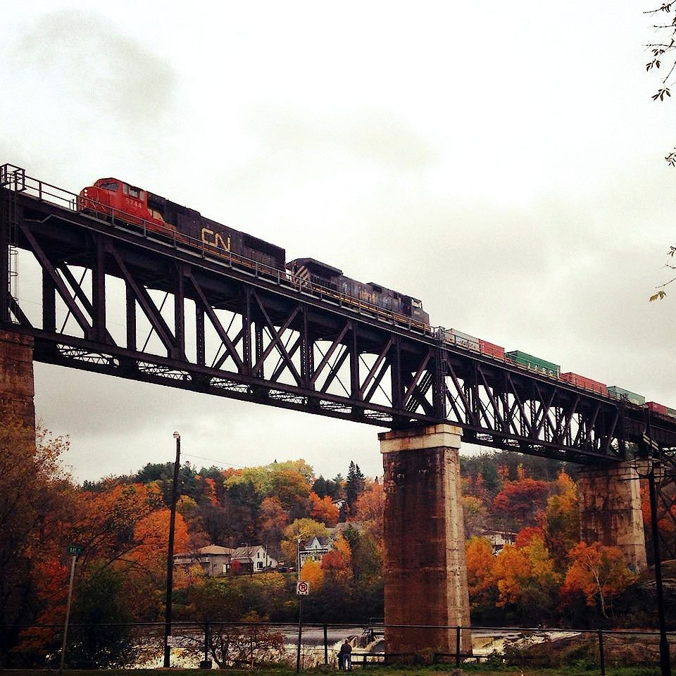 Train crossing a metal bridge over a river, surrounded by trees with autumn foliage. Cloudy sky.