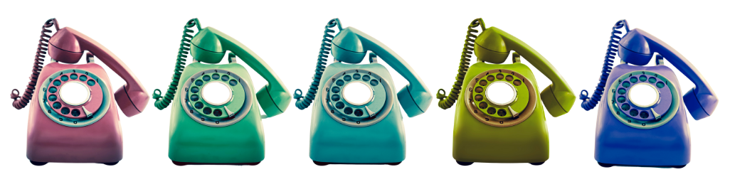 Five retro rotary phones in pink, green, teal, chartreuse, and blue.
